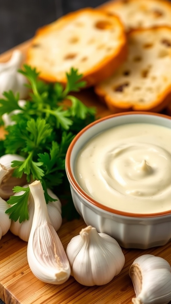 A bowl of garlic butter spread with garlic cloves and parsley, next to slices of toasted bread.